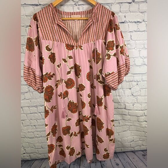 Knox Rose Berry Pink Floral Puff Sleeve Tassel Tie Cottagecore Boho Mini Dress L - Picture 1 of 10